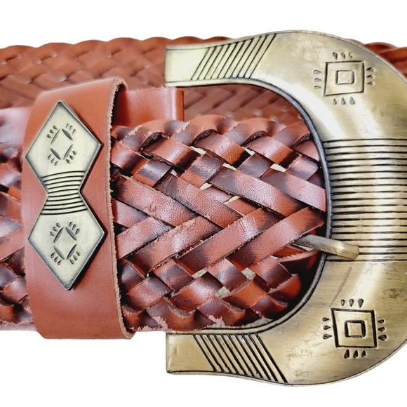 Cabi | Brown Leather Southwestern Bohemian Brass Buckle Wide Woven Braided Belt - Picture 7 of 9